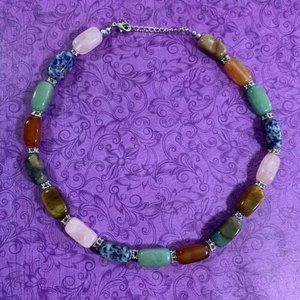 Vintage Silver tone Metal Clear Crystal Chunky Muti-Color Stone Bead Necklace